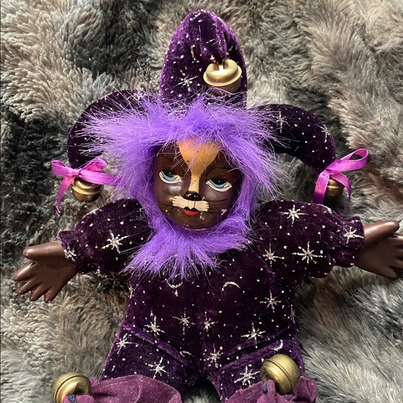 Two Vintage Purple Jester Dolls with Porcelain Heads and Bells - Picture 15 of 16
